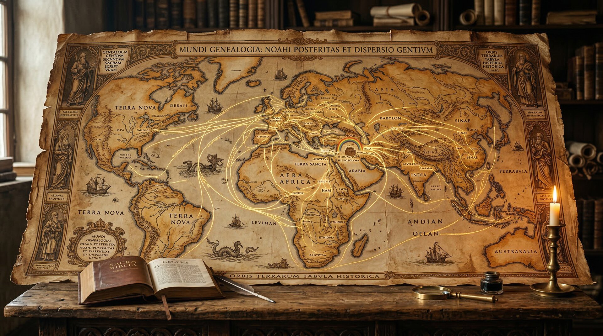Carte ancienne du monde avec des connexions généalogiques dorées entre les continents